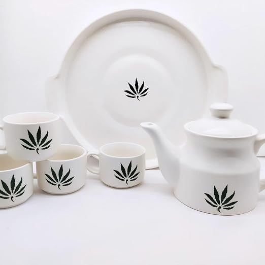 Hand Painted Kitchenware Ceramic Tea Kettle Set | Morning Tea Set | 1 Kettle(600ML) | 1 Tray | Tea Cup 4 Piece (180ML)| Mirowave Safe (Green Leaves)