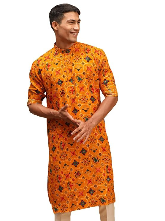 VASTRAMAY Men's Cotton Blend Patola Kurta