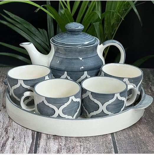 Hand Painted Kitchenware Ceramic Tea Kettle Set | Morning Tea Set | 1 Kettle(600ML) | 1 Tray | Tea Cup 4 Piece (180ML)| Mirowave Safe (Grey)