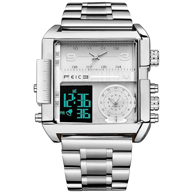Wathes for Men Analog White Dial Men's Watch LED Quartz Wristwatch Business Men’s Watch Multifunction Square Chronograph 24H Calendar Brown Leather Strap Unique Large Dial Watches FK030