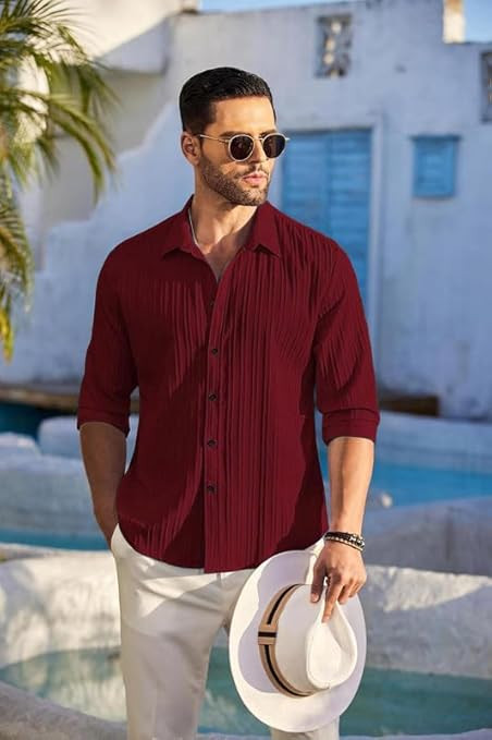 DEELMO Men's Casual Button Down Shirts Long Sleeve Linen Shirt Fashion Textured Beach Summer Shirt