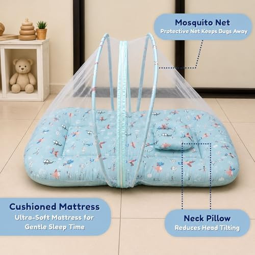 Baby Mosquito Net Bed for Newborn 0-9 Months | Foldable Cotton Baby Bed with Net | Breathable Cotton & Washable | Portable 2 in 1 Infant Sleeping Bed & Mosquito Net for Baby | Blue Aviator