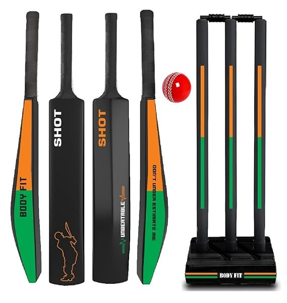 Bodyfit Heavy Duty Plastic Premium Cricket Kit Set | Lightweight| Full Size| | Hard Plastic Bat| Premium Cricket Wicket Set l 3 Stumps+2 Bails+1 Stand Set, 1 Ball. (Black-FOraGreen)
