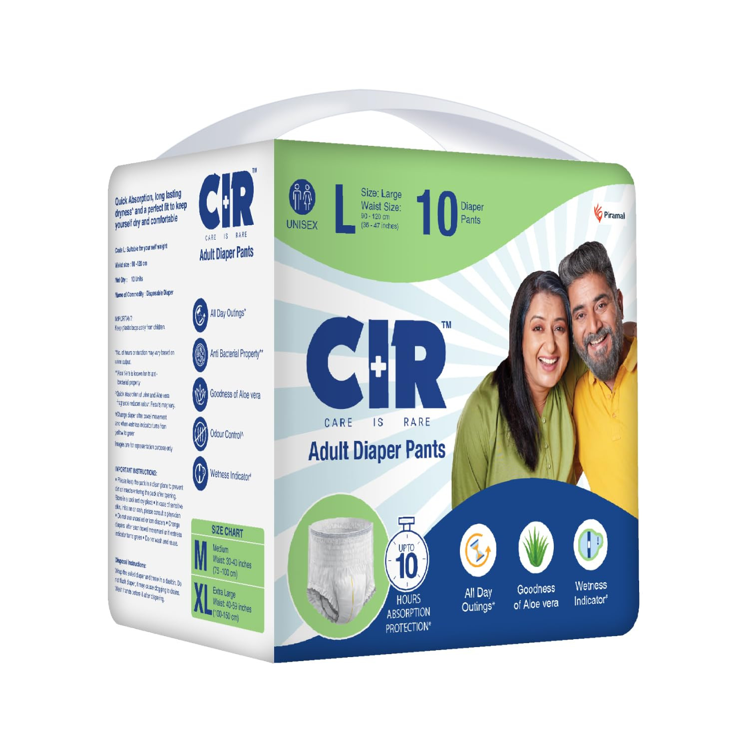 CIR Adult Diaper Pants Style | Adult Diaper Large Size (L)|Waist (90-120cm I 35" - 47") |10 hr Absorption-Protection | Unisex with Wetness Indicator | Odour Control | Goodness of Aloe Vera | 10 Units