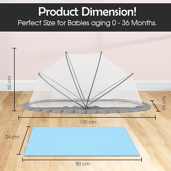 RAMVIK Baby Mosquito Net, Mosquito Net for Baby 0-12 Months, Foldable Portable Mosquito Net for Baby with Breathable Mesh, 360° Protection, Bottomless Design,135 x 65 x 65 cm (Grey)