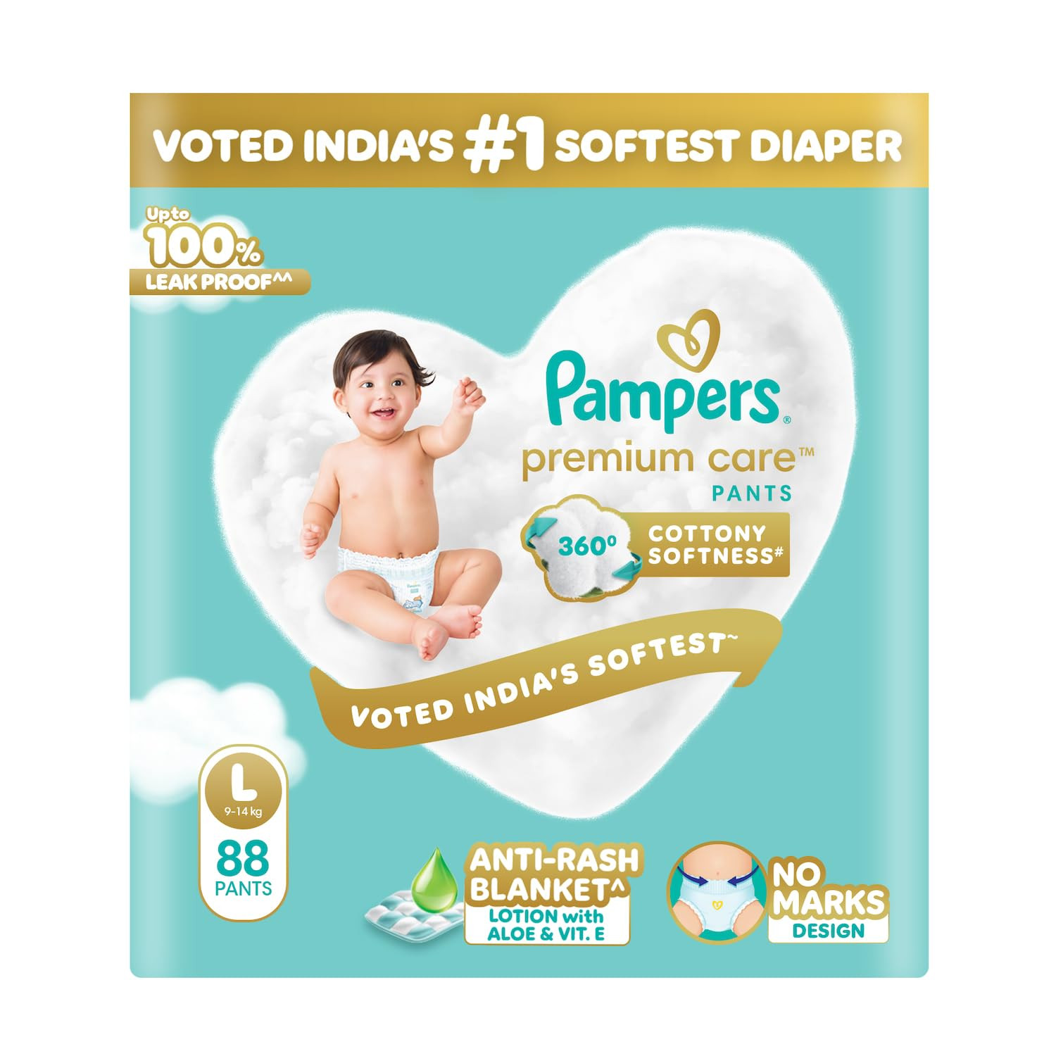 Pampers Premium Care Pant Style Baby Diapers L 88 Count | No Marks Design | Voted India’s #1 Softest Diaper | All in 1 diaper with 360 Cottony Softness Visit the Pampers Store
