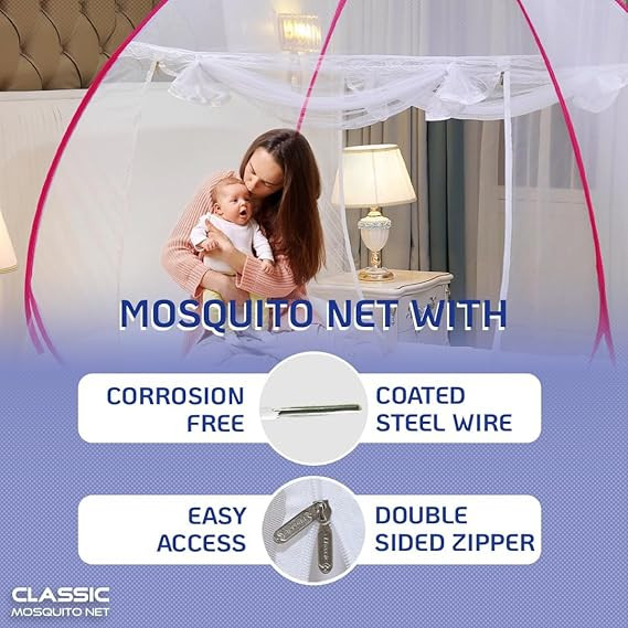 Classic Mosquito Net for Double Bed - Cloud Net | King Size Foldable Machardani | Polyester 30GSM Strong Mesh | PVC Coated Corrosion Resistant Steel Wire - Pink