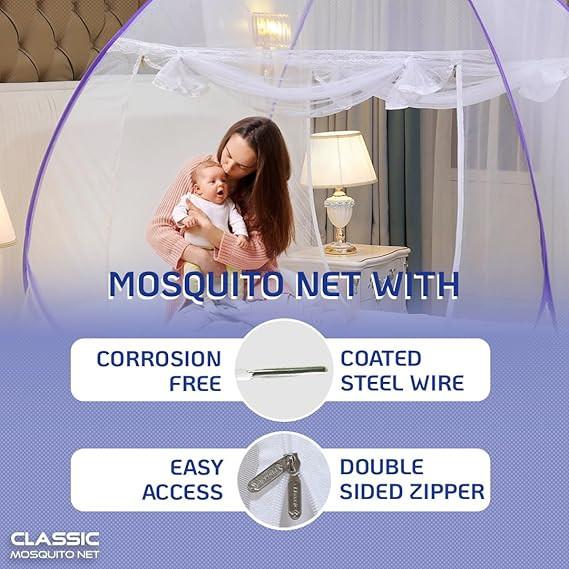 Classic Mosquito Net for Double Bed | King Size Foldable Machardani | Polyester 30GSM Strong Net | PVC Coated Corrosion Resistant Steel Wire - Purple