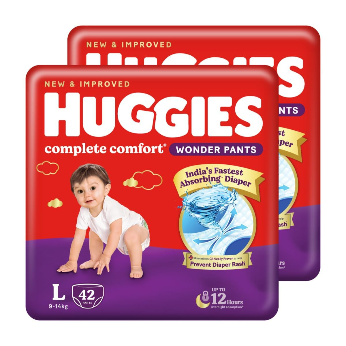 Huggies Complete Comfort Wonder Pants | Pant Style Baby Diapers Large Size (L), 84 Count | India's Fastest Absorbing Diaper, Prevents Diaper Rash, Ideal for 9 to 14 Kgs (42 Count, Pack of 2)