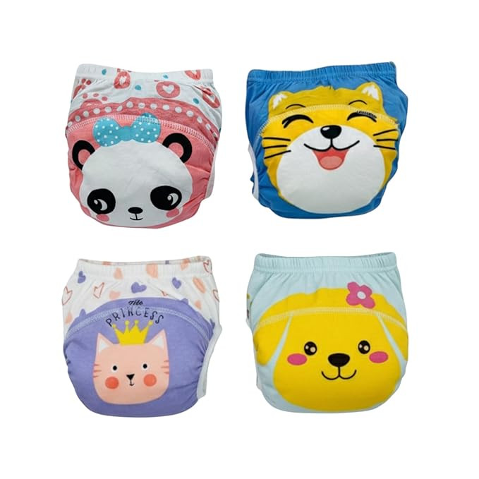 Baby Padded Training Pants for Boys & Girls – Pack of 4 | Soft Cotton Baby Pant Style Diaper | Reusable Potty Training Underwear | Leak-Proof, Breathable, Washable Baby Panties | Multicolour