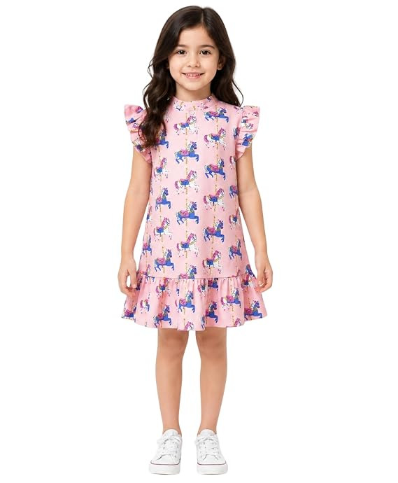 ANTHRILO Dancing Unicorn Girls Summer Frill Dress - Pink