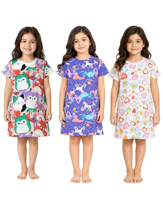 ANTHRILO Summer Hearts,Unicorn Planet and Squishy Night Dress (Pack of 3)