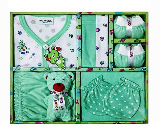 NewBorn Baby Gift set 0 to 3 Month Unisex T-Shirt, Pant, Cap, Mittens, Booty, Washcloth, Soft Teddy 7Pcs Attractive Print And 100 Pure Cotton