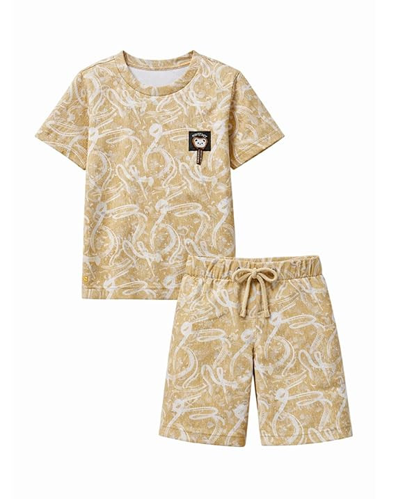 Trendy Boys Printed Co-Ord Set Half Sleeve T-Shirt with Matching Shorts Lightweight Soft Fabric Comfortable Daily Wear Stylish Summer Outfit for Kids