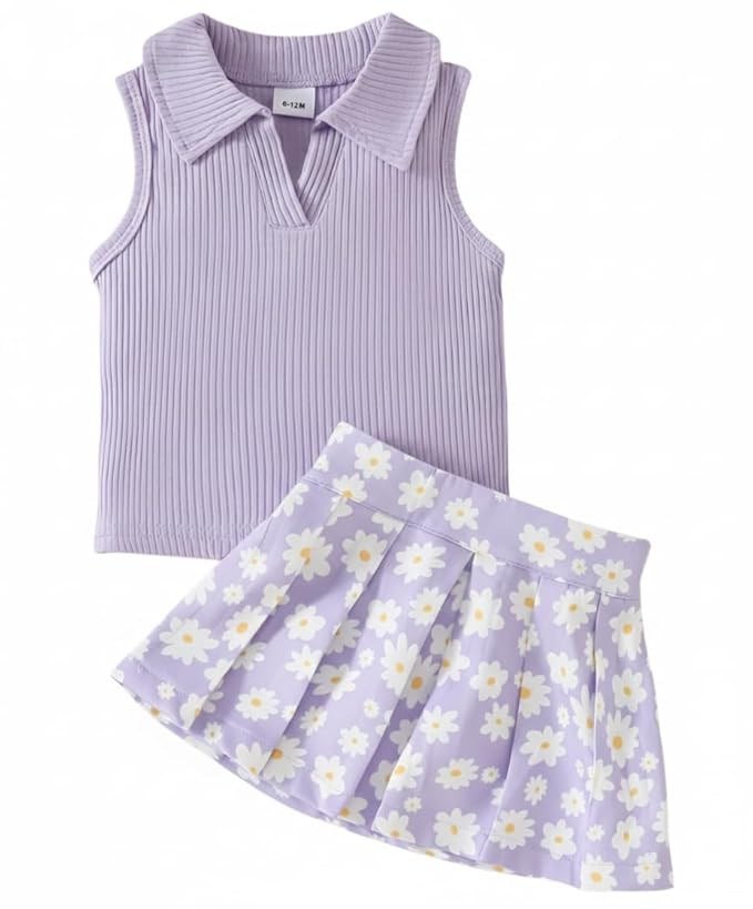 GOODWISH Girls 2-Piece Outfit Set – Sleeveless Heart Print Crop Top and Pleated Skirt – Cute Matching Summer Set for Toddler & Little Girls