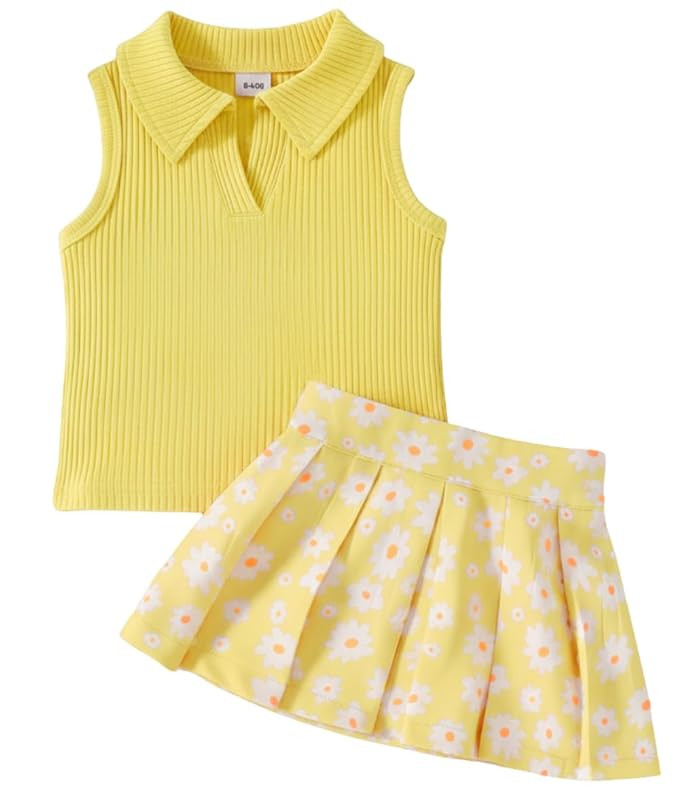 GOODWISH Girls 2-Piece Outfit Set – Sleeveless Heart Print Crop Top and Pleated Skirt – Cute Matching Summer Set for Toddler & Little Girls