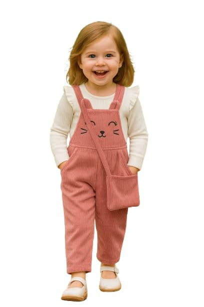 Ninas Baby Girls Solid Cotton Blend Style Top and Dungarees Set with Purse (White & Pink)