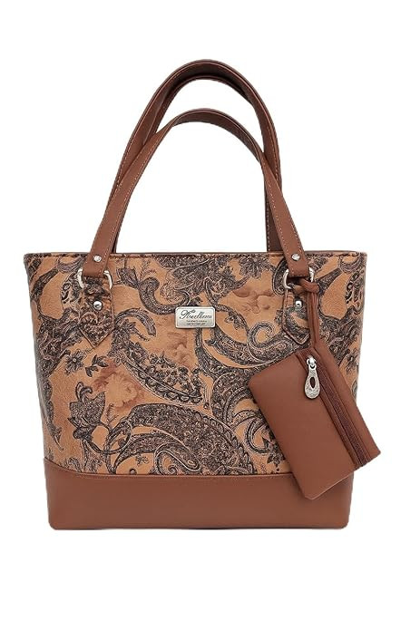 De Elmore Elegant Floral Paisley Print Tote Bag | Women's Designer Look Top Handle Shoulder Purse with Zipper Pouch