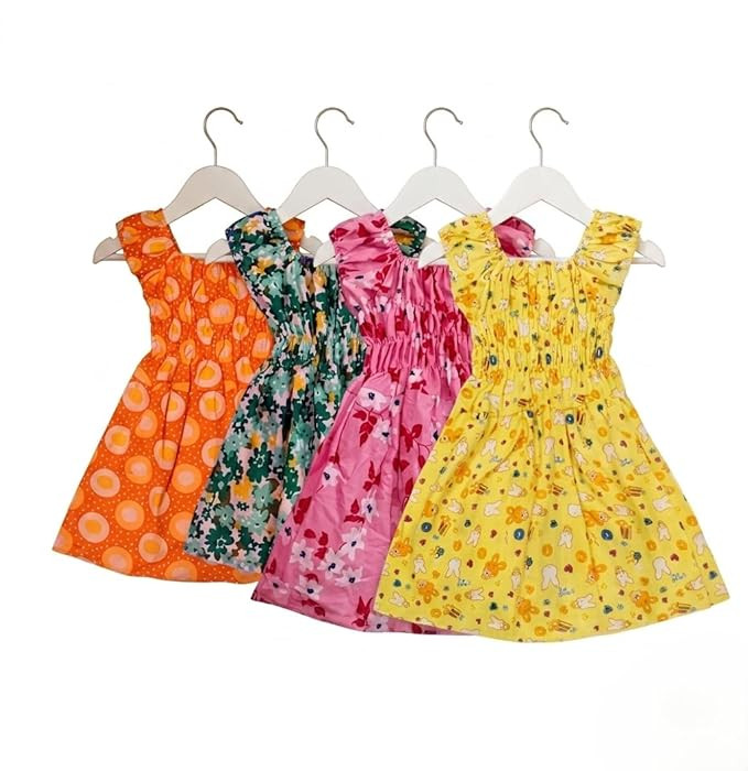 S.millat Girls Cotton Frock, Multicolour Floral Print, Sleeveless Summer Dress, Pack of 4