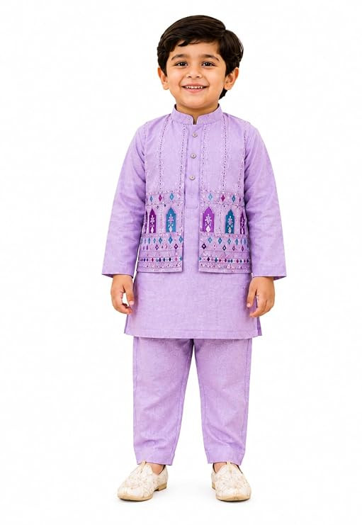 Boys Lavender Kurta Pajama Set with Embroidered Festive Jacket, 3-Piece Traditional Ethnic Outfit for Weddings and Festivals