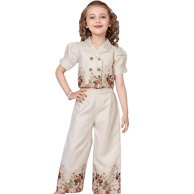 BLOOD PANTHER Girls Floral Printed Cotton Blend Co-Ord Set – Stylish Summer Outfit with Crop Top & Wide-Leg Pants – Dress for Kids
