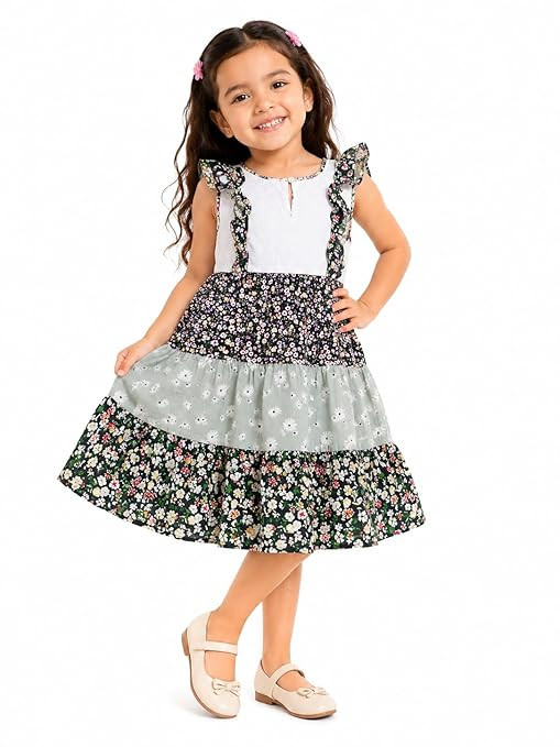 Grace Mode Girls Floral Printed Tiered Dress for Kids | Soft Cotton Blend Casual Frock for Girls Age 2-15 Years