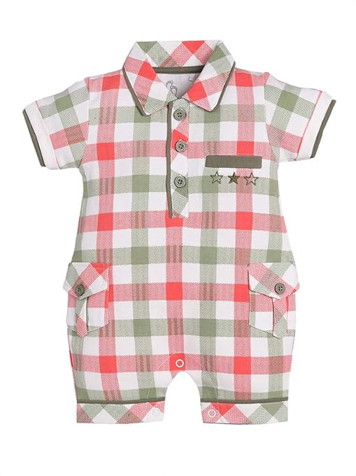 BABY GO Baby Boys & Baby Girls Cotton Romper | Half Sleeve Polo Collar Jumpsuit | Newborn Infant Summer Outfit with Button Closure | Soft Breathable Playsuit | Stylish Print One Piece Dress