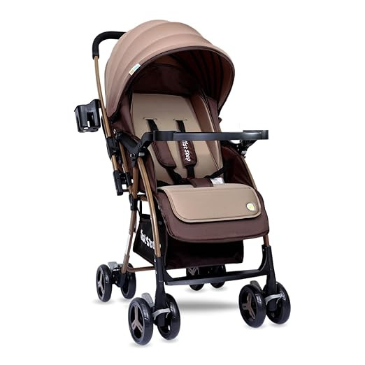 1st Step Caramel Baby Pram Cum Stroller with 5 Point Safety Harness/Infinitely Reclining and Cushioned Seat/Reversible Handle/Front Swivel Wheels - Coffee Brown