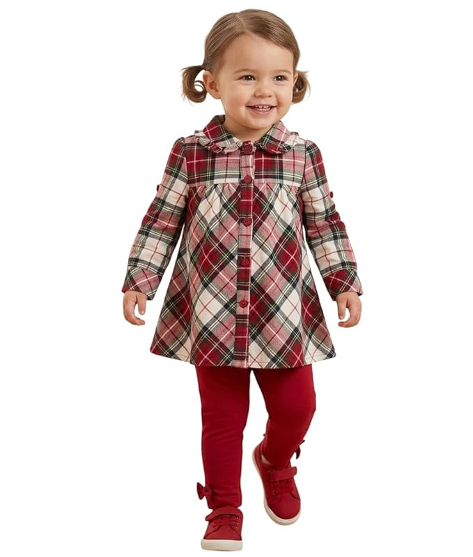 ToffyHouse Baby Girls Cotton Checkered Frock Set | Full Sleeve Collar Neck Dress with Matching Leggings | Soft & Breathable Casual Wear Outfit for Toddlers and Kids