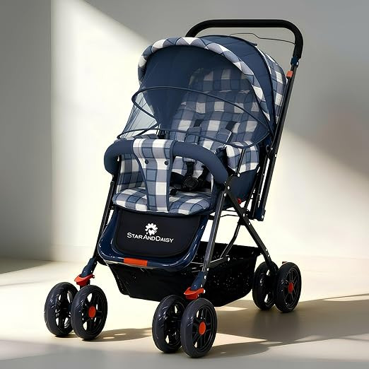 StarAndDaisy Baby Stroller for 0–3 Years, Foldable Baby Stroller/Pram with Mosquito Net, Large Storage Basket, 5 Point Safety Harness