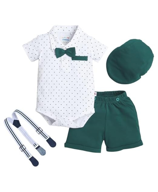 BUMZEE Baby Boys Regular Fit Half Sleeves Collar Neck Cotton Bodysuit & Short Set With Bow Suspender & Cap