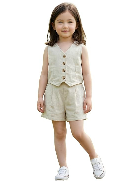 GOODWISH Girl's Premium Pure Cotton Co-Ord Set | Sleeveless Button Vest Top & Shorts Set | Summer Casual Outfit for Kids | Beige 2-Piece Dress for Girls
