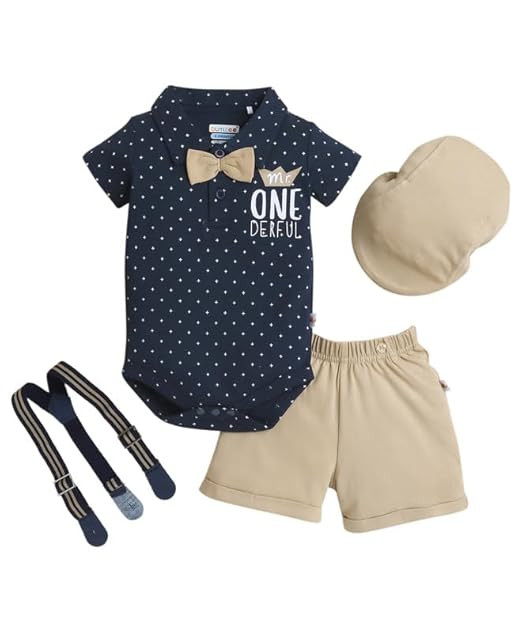 BUMZEE Baby Boys Regular Fit Half Sleeves Collar Neck Cotton Bodysuit & Short Set With Bow Suspender & Cap