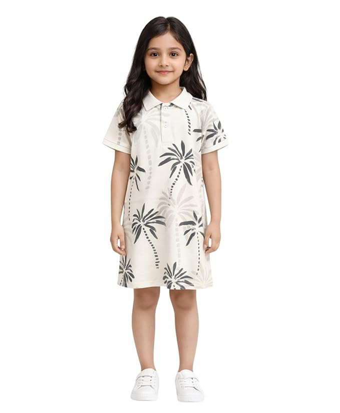 ANTHRILO Palm Party Girls Summer Polo Dress - Off White