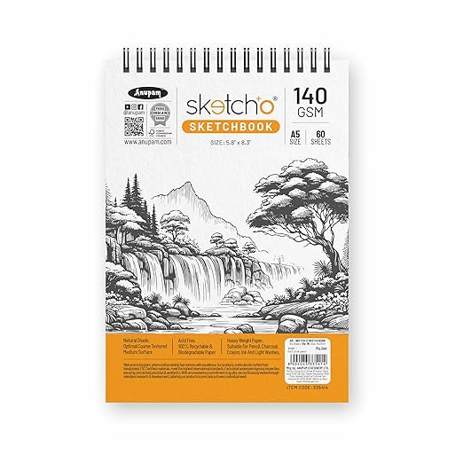 Anupam Sketch-O Sketchbook A5 | 60 Sheet 120 Pages | 140GSM | Durable Acid Free Drawing Paper |Top Spiral-Bound Sketchpad for Artists Kids & Professionals for Marker Colored Pencil Charcoal
