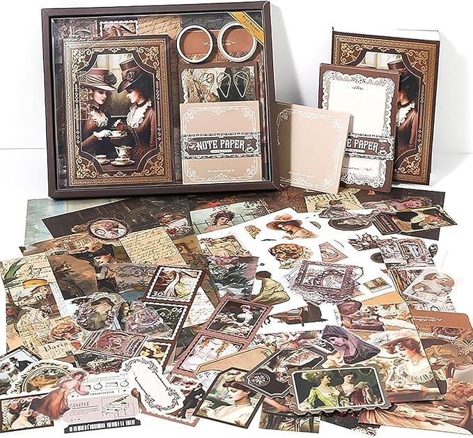 VIBE VISTA Vintage Aesthetic Scrapbook Kit,346 Pcs,A6 Grid Notebook,Washi ,Envelopes, Scrapbook Papers, Folding Labels, Background Papers, Photo Frames, Calendar Stickers, Stickers (Vitorian Brown)