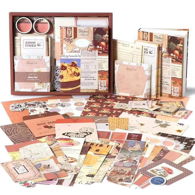 Niwlix Vintage Scrapbook Kit, 346 Pcs, A6 Grid Notebook, Scrapbook/Background Papers, Folding Labels, Envelopes, Washi, Photo Frames, Calendar Stickers, DIY Gift Journaling Kit for Teen Girl Women
