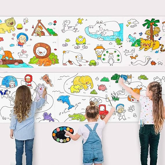 Drawing Paper Roll for Kids, 30x300 CM Large Color Filling Poster for Markers Pencils Paints, Art Paper Crafts Sheet, Wall Floor Table DIY Painting Colour Filling Paper, Design- Animal World Educational