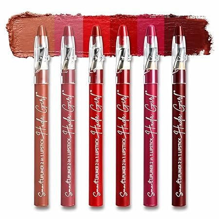 Lip Liner Pencil Lipstick Combo Set, 2 In 1 Long Lasting Lipliner Pencil Waterproof Collection With Built In Sharpener, Red And Maroon Shade Mix, Pack Of 6