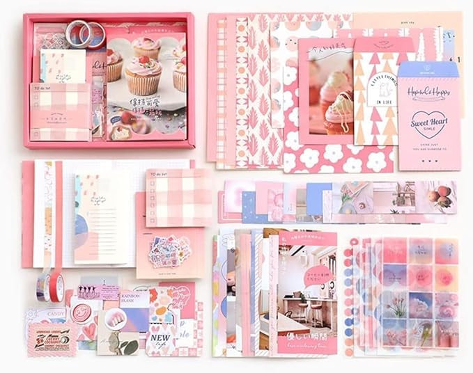 GDNK Scrape Book Kit Scrapbooking Kit Vintage Journal Scrapbook Pack DIY Paper Stickers, Craft Kits Notebook, Collage Album Aesthetic Sticker Journaling Scrapbook Photo Album (Pink)