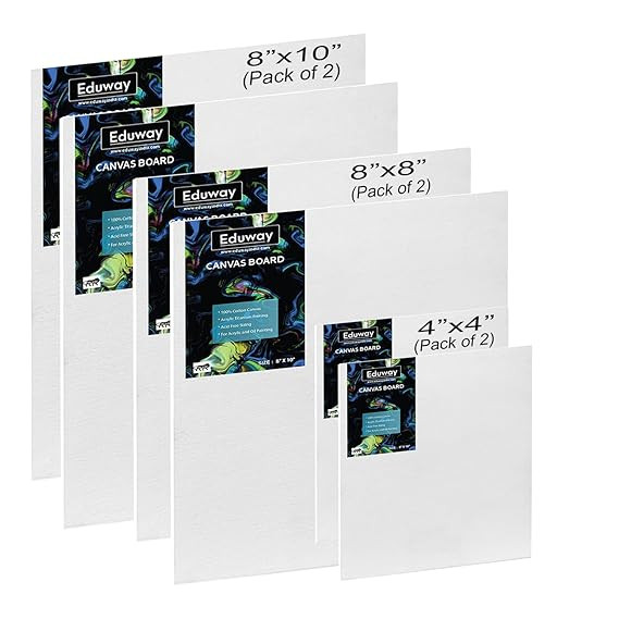 Eduway® Canvas Board for Painting- (4"x4", 8"x8", 8"x10") 2 pcs each | Premium Quality 7Oz Pre-Primed Cotton Canvas Board for Artists & Beginners | Ideal for Acrylic, Oil, Gouache, Pastels Colors ( Pack of 6) (10x10,20x20, 20x25 cms).