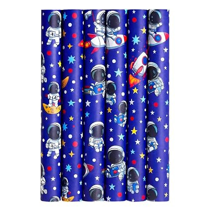Sivayaa Kids Astronaut Gift Wrapping Paper – 19.5x 29.5 In | Space Theme Birthday Gift Wrap Sheets for Boys & Girls | Cute Rocket, Stars & Space Design | Premium Wrapping Sheet for Birthday, Return Gifts, Parties | Pack of 6 Pcs