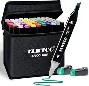 KLIFFOO Dual Tip Colorful Art Markers Sketch Pens 48 Colors with Carrying Case For Painting Sketching Calligraphy Drawing, Chisel & Fine Tip Permanent Colouring Marker For Kids Adult, Multicolor (48)