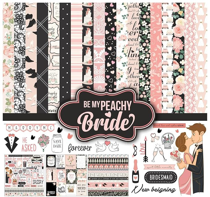Inkdotpot Peach & Black Wedding Theme Collection Double,Sided Scrapbook Paper Kit Cardstock 12"x12" Card Making Paper Pack of with Sticker Sheet - 16 Pages - Peach & Black