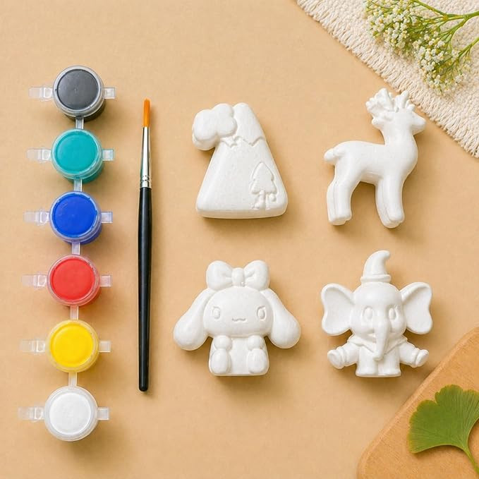 WHUMIES DIY POP Cute Character Painting Kit for Kids – 4 Fun Shapes (Bow Bunny Doll, Elephant with Hat, Reindeer & Winter Cap Character) with 6 Paint Colors & 1 Brush – Creative Art & Craft Activity Set
