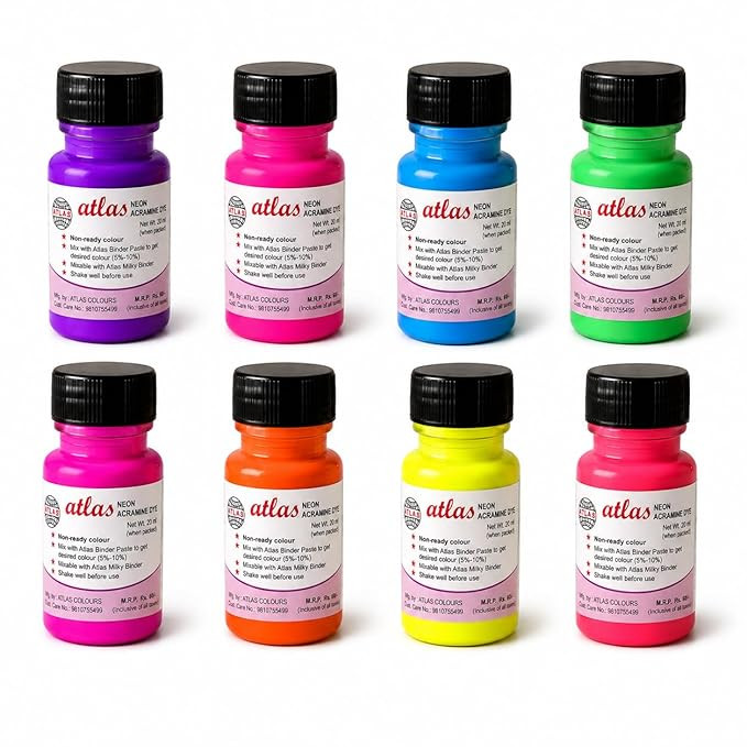 Atlas Acramine Dyes: 8 Neon Shades (20 ml each) | Fluorescent Non-Ready Textile Dyes | Made in India