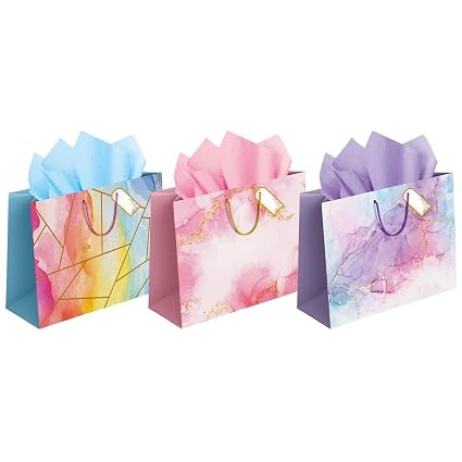 Gift Bags Large - Paper Bags for Gifting with Tissue and Thank You Card (Gift Tag) - Carry Bags for Return Gift - Paper Bags for Gift Packing - Bag for Return Gift Birthday Wedding and Party Favors Pack of 5 - 14 x 10.5 x 4 Inch (Pink Purple Blue)