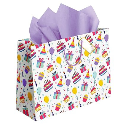 Gift Bags Large Size for Birthday Return Gifts – Premium Paper Bags for Gifting with Tissue Paper, Thank You Card (Gift Tag) and Banner - Return Gift Bags for Kids Birthday Party - Carry Bags - Pack of 5 – 14 x 10.5 x 4 Inch