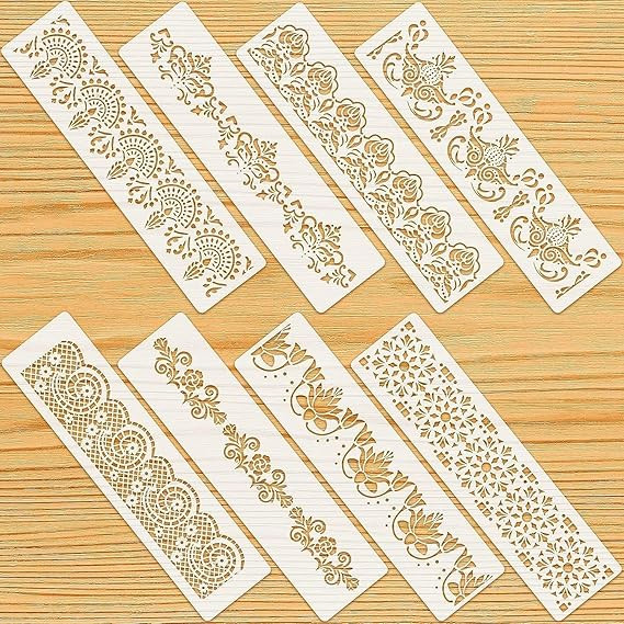 8 Pieces Ornate Border Stencil Flower Template Cake Decorating Templates Reusable DIY Art and Craft Stencil Floral Edge Baking Tool for Painting On Wood|Canvas|Paper|Fabric