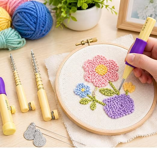 Gemsy Punch Needle Set for Embroidery with 3 Needles & Threaders – Adjustable Embroidery Pen – DIY Needlework Tool Kit for Dimensional, Ribbon, Satin Stitch, and Loop Embroidery